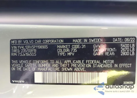 2023 Volvo Xc60 B5 Core z USA, uszkodzony, nr VIN YV4L12RV5P1198905